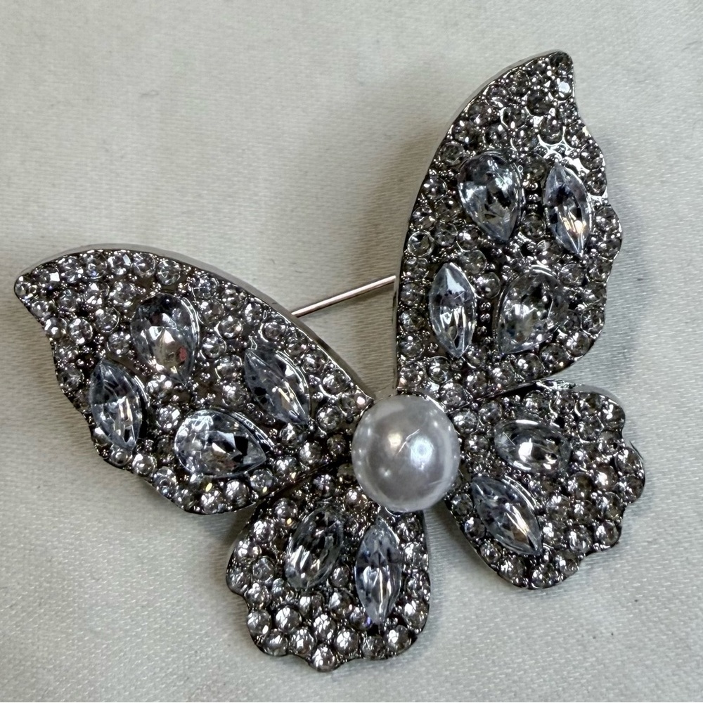Silver Butterfly Brooch with Pearl and Clear Rhinestones